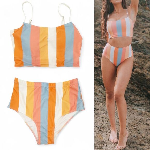 One Loved Babe Bikini Set Size Medium Retro Stripe High Waist Swim Two Piece M - Picture 1 of 16